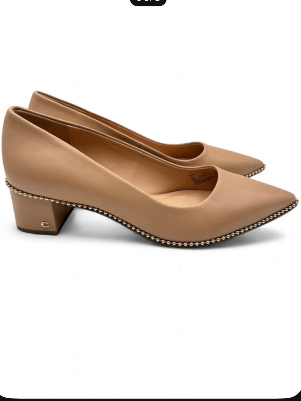 Coach Pointed Low Block Heel Pumps in Tan with Beaded Trim